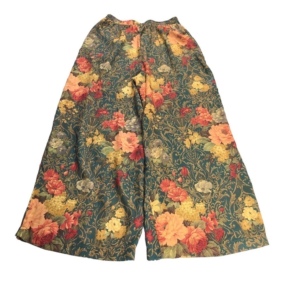 VTG Floral Print Sheer Palazzo Wide Leg Pants Romantic Baroque Whimsical Y2K 90s